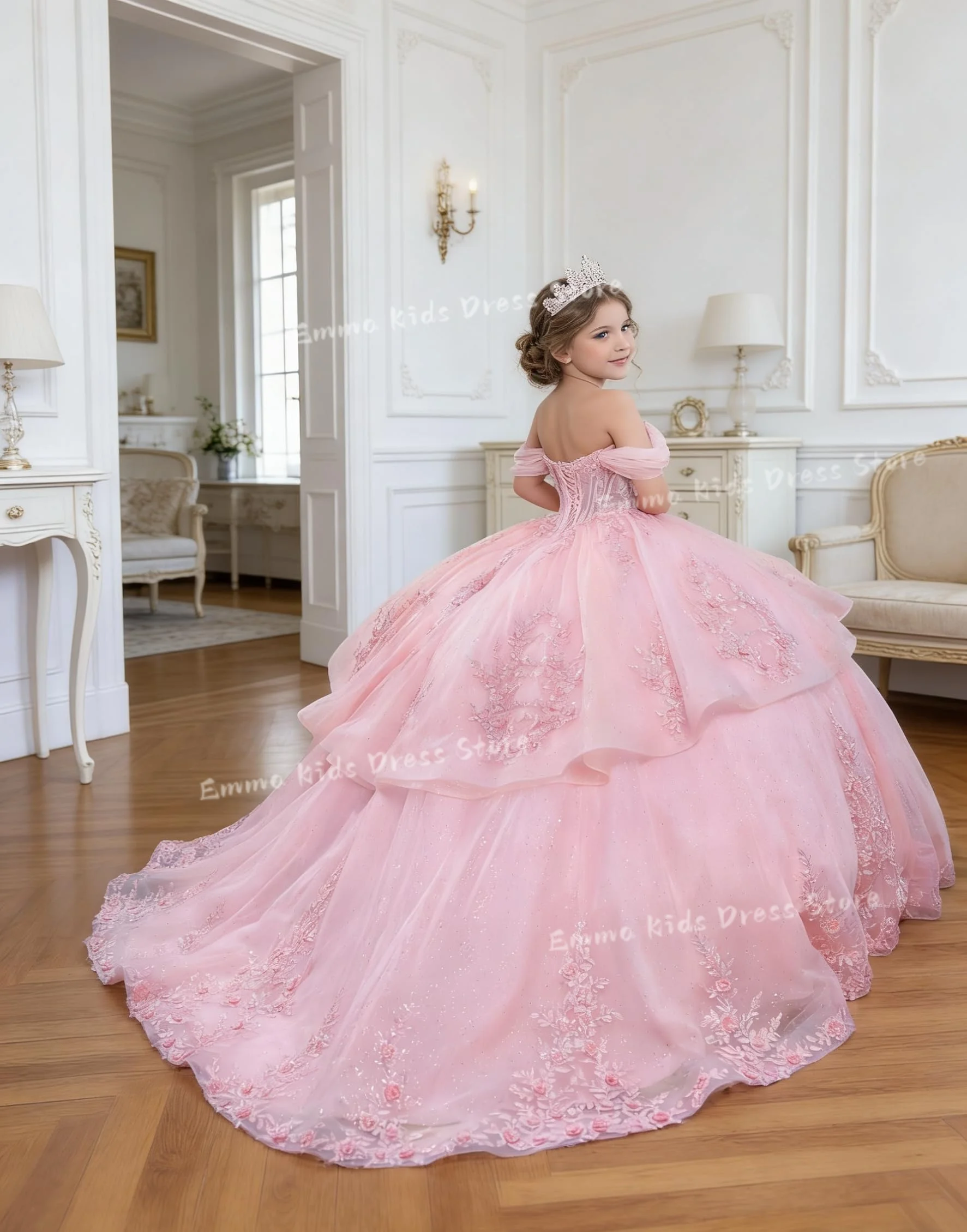 

Custom Lace Applique Flower Girl Dress Wedding Multi-layer 3D Flower Flower Girl Pageant Dress Crystal Ball Gown for Girls