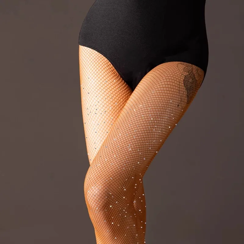 

Plus Size Professional Latin Dance Tights Women Sexy Hollow Out Fishnet Pantyhose Cotton Crotch Open Toe Bling Crystal Medias