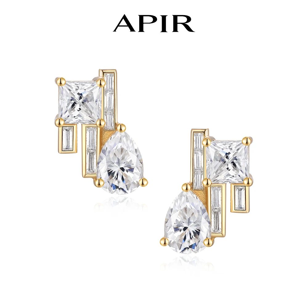 APIR Mixed Cut Moissanite Stud Earrings for Women Lab Diamond Irregular Stacking Design Sparkling Earrings Luxury Bridal Jewelry