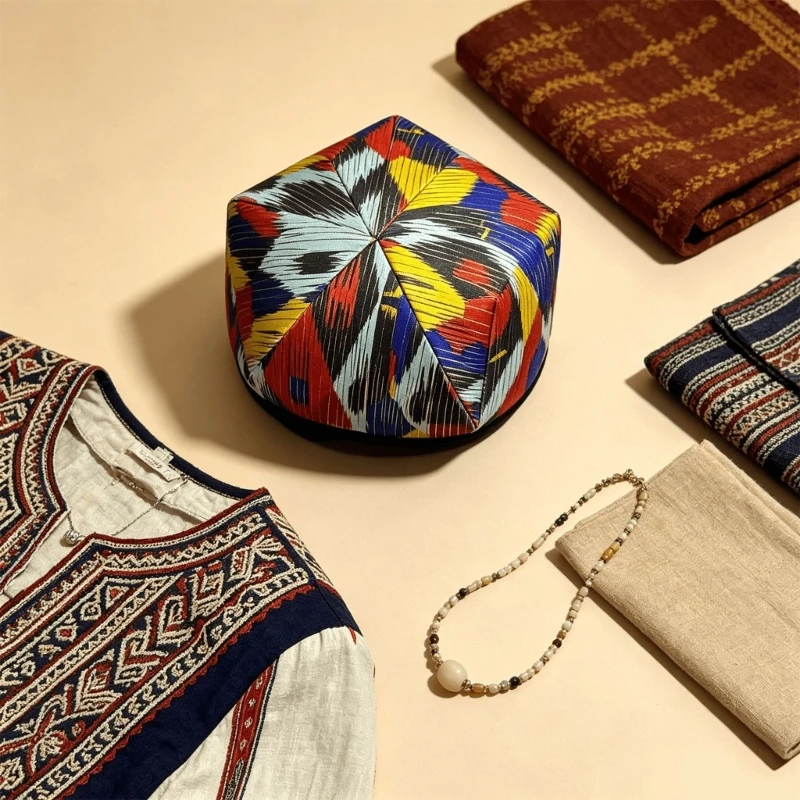 Hand Sewn Brimless Hat with Geometric Pattern, Four-Corner Uyghur Cap for Cultural Event Performances and Stage Shows D0UB