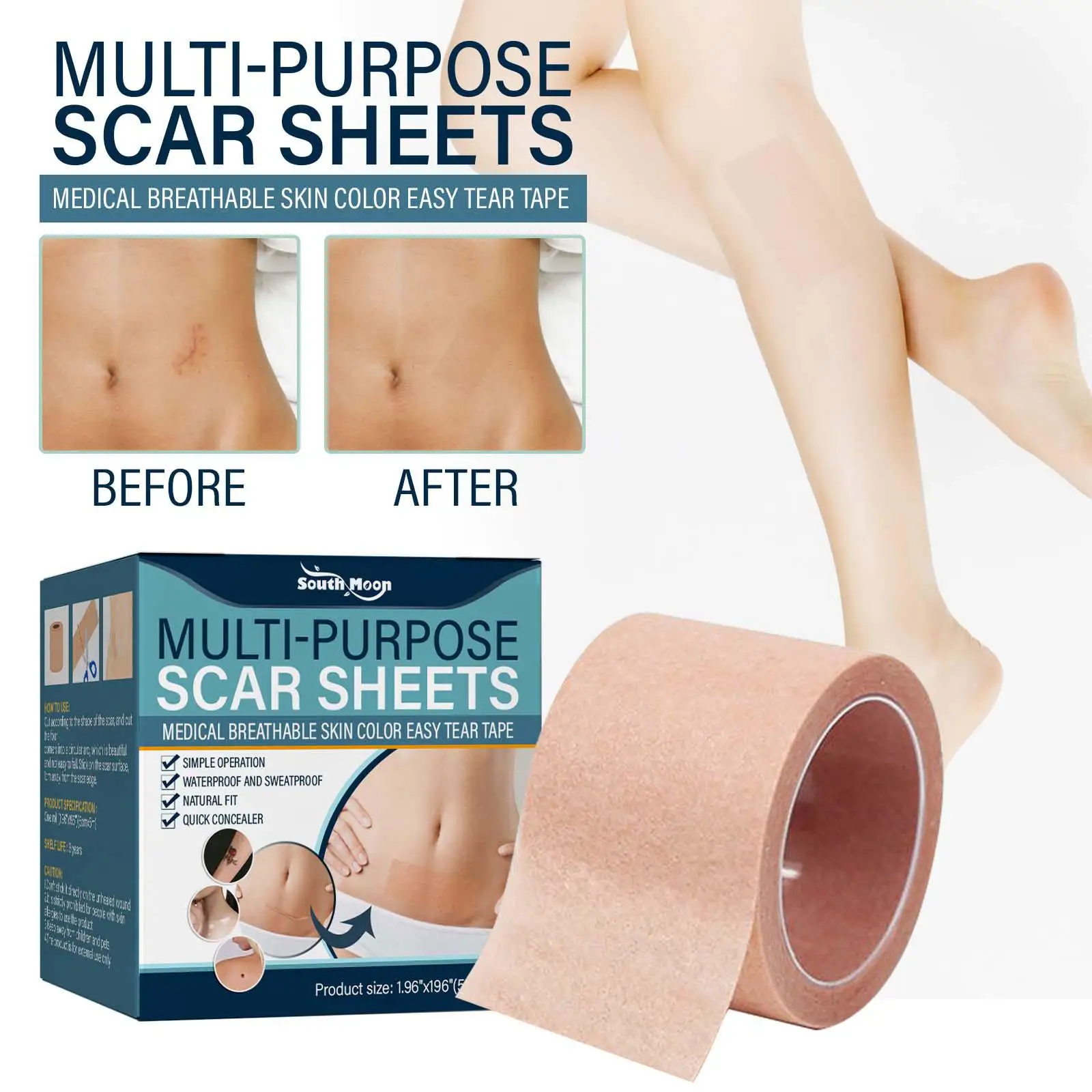 Silicone Scar Sheets Skin Repair Patch Removal Self-adhesive Care Therapy Scar Patch Stretch Skin Mark 1.96x196in Burn Tape E8m0