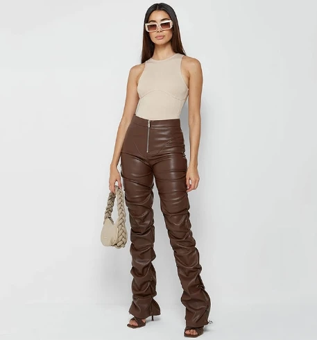 Women's Street Leaders Trouser 2025 Autumn Winter Latest Solid Color Tight Pu Leather Long Pants Legging Micro Highlighted Pants