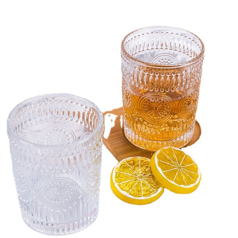 1/4PCS Vintage Glassware Crystal Tall Drinking Glasses Cup Tumblers Clear Embossed Glass Cups Romantic Iced Beverage Glass Beer