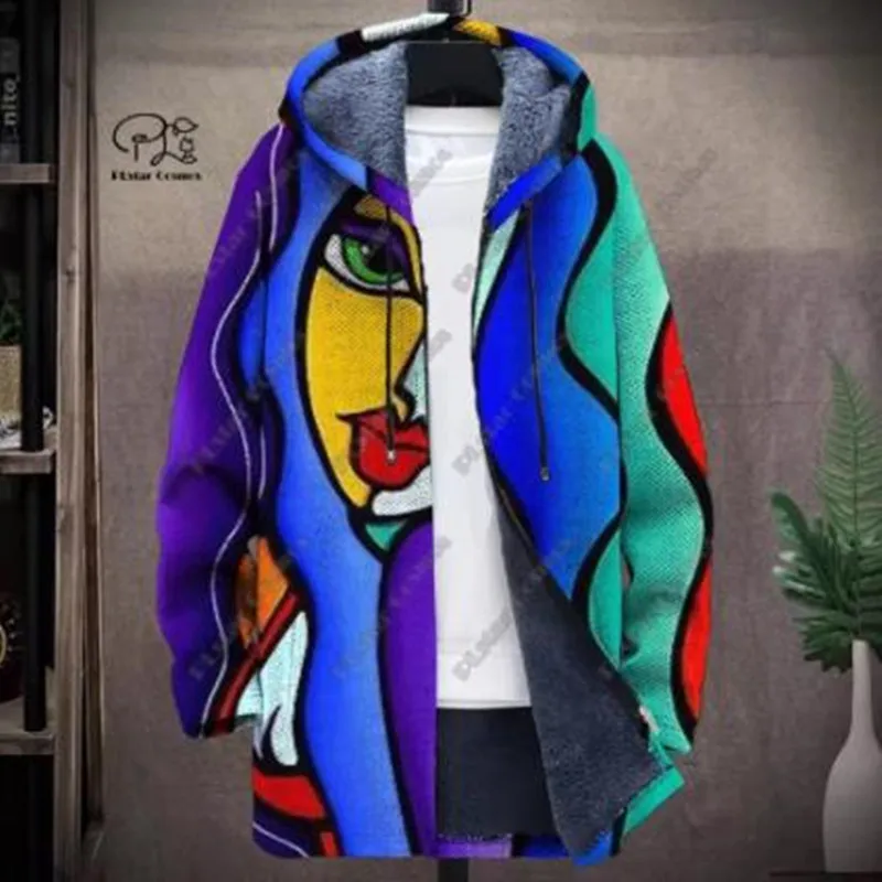 Neue Mode Winter Herren Zip Jacke Retro Abstrakte Kunst Multi Farbe 3D Gedruckt Zipper Jacke Neutral Verdickt Fleece Warme mantel