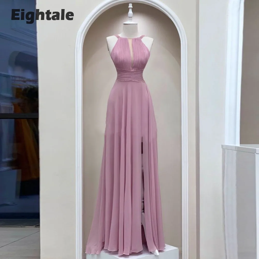 Eightale tozlu pembe abiye Halter boncuklu yan yarık şifon Pleats özelleştirilmiş resmi balo parti kıyafeti abendkleid