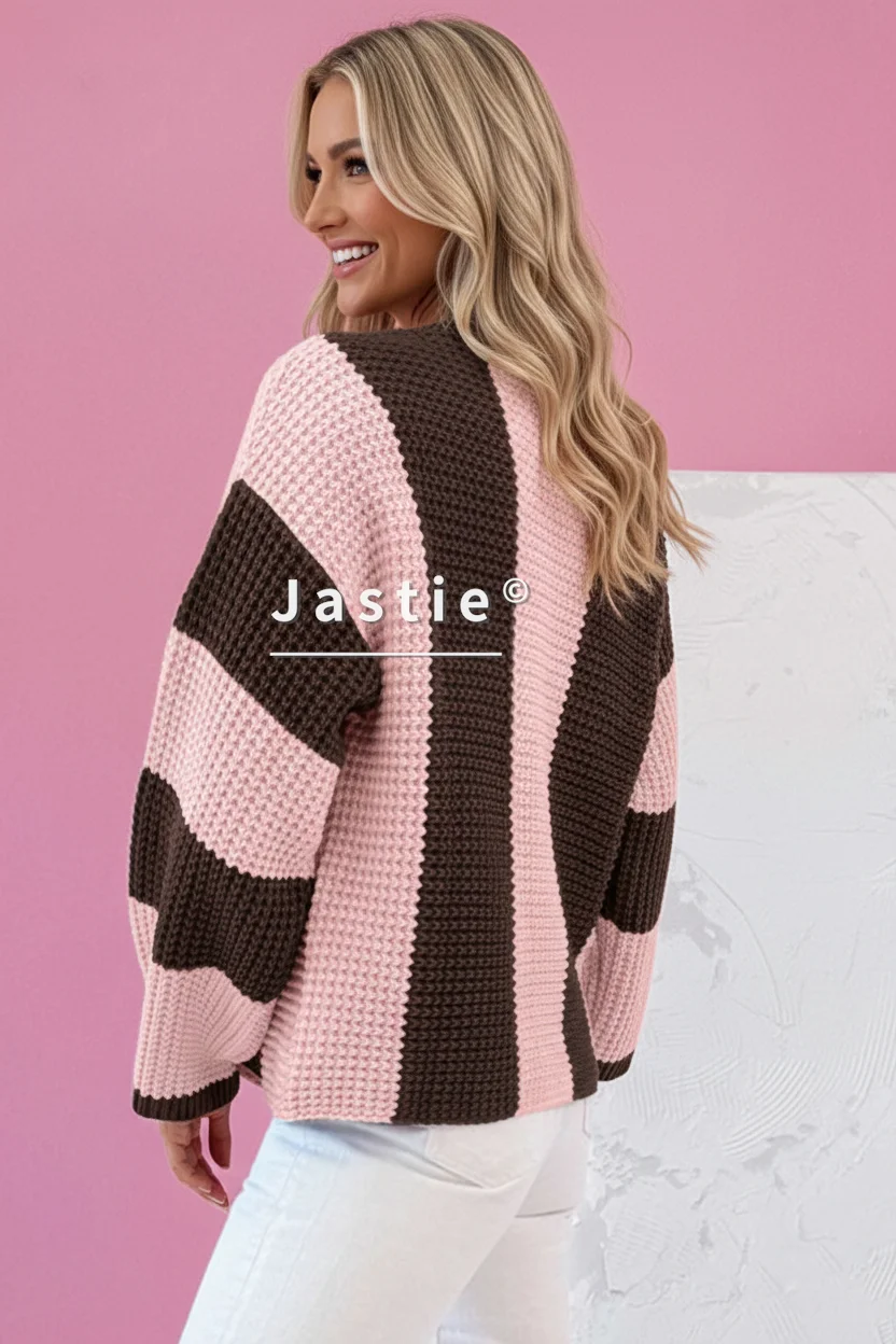 المرأة الوردي والبني مخطط الهراء متماسكة سترة المتضخم طاقم الرقبة قطرة الكتفين دافئ بلوزة كاجوال لخريف/شتاء القمم #4