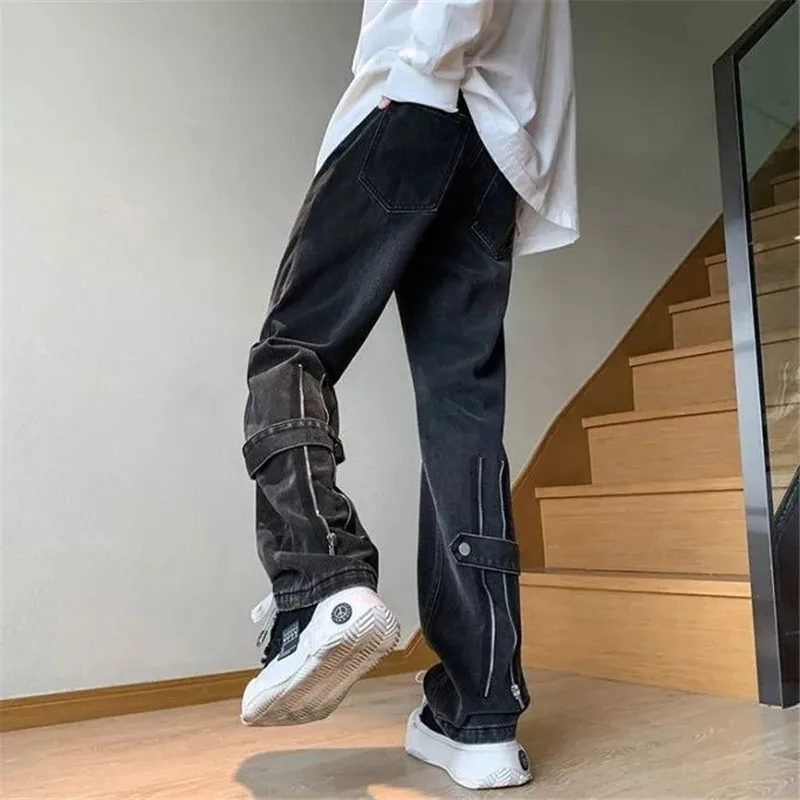 Vintage Jeans Men's High Street Y2K Straight Leg Pants Mid-waist Button Zipper Pocket Loose Trousers Spring Male Clothing YY028