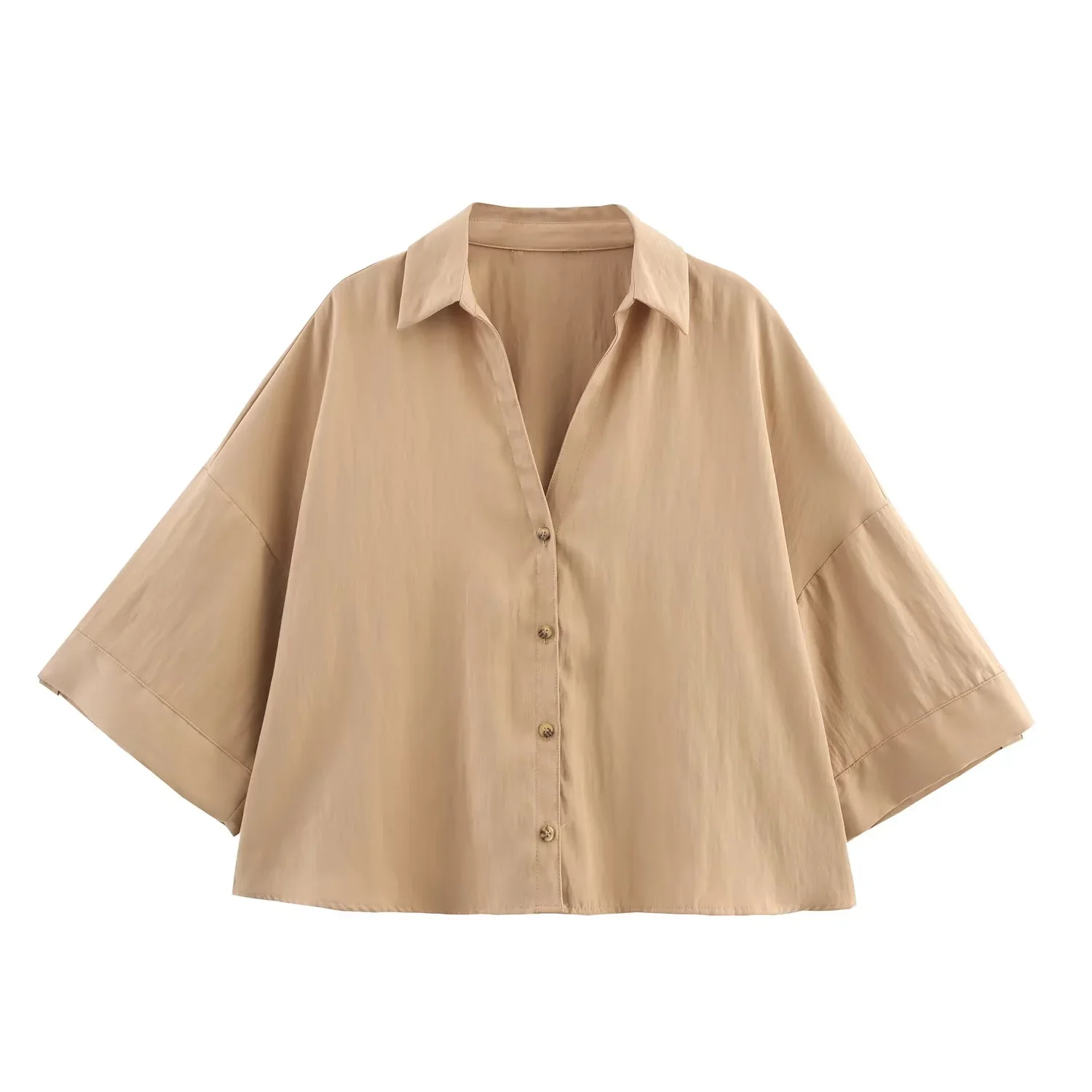 เสื้อเชิ้ตแขนสั้นลำลองสไตล์เรโทรลำลองสำหรับผู้หญิงใหม่ประจำฤดูร้อนปี 2025 ดีไซน์เรียบง่าย ปกกว้าง ทรงหลวม