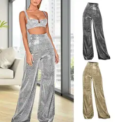 Shiny Pants Women Lightweight High Waist Casual Trousers Long Lounge Pant Trousers Night Out Clubwear Soft Flare Pants With Back