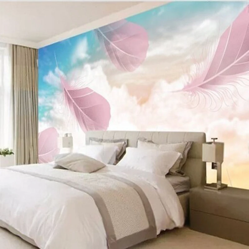 Modern and simple hand-painted dreamy feather sky TV, luxurious home bedroom background wall paper