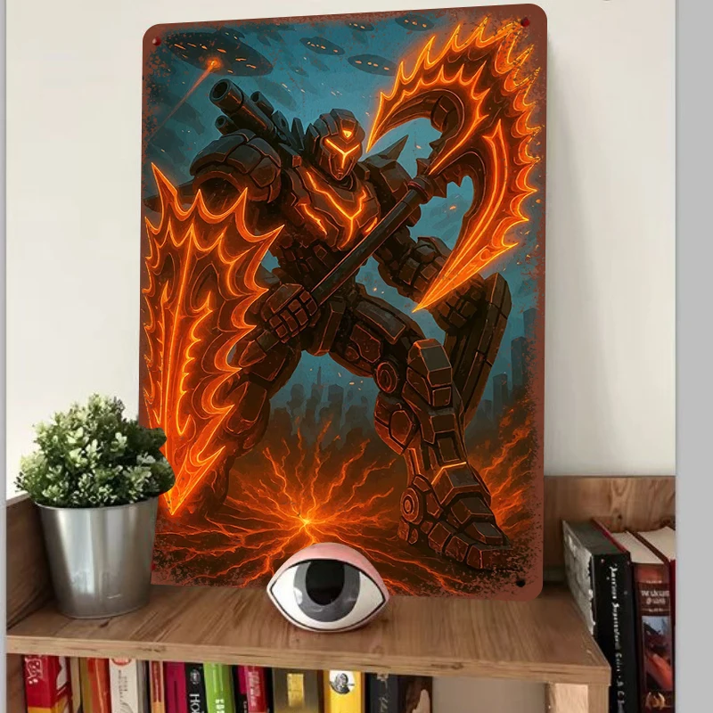 Mecha Warrior Metal Iron Painting Sci Fi Game Theme Decorative Wall Art for Living Room Bedroom Study