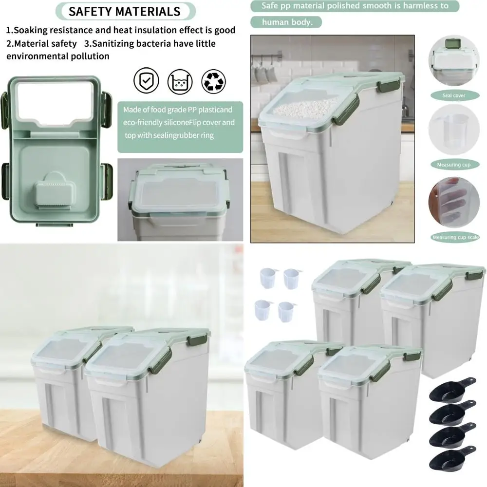

4-Pack Airtight 25lb Flour Storage Bins with Wheels, Locking Lid, Measuring Cup & Scoop for Rice, Grains (Green)