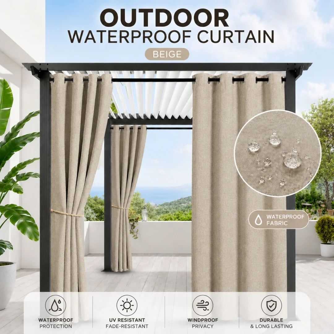 1panel Waterproof Outdoor Curtain, 100% Blackout Faux Linen Curtains for Garden Patio Porch Living Room Bathroom Pergola Cabana