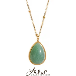 Yhpup Water Drop Amethyst Green Aventurine Natural Stone Necklace Stainless Steel Fashion Charm Pendant Jewelry Tarnish Free