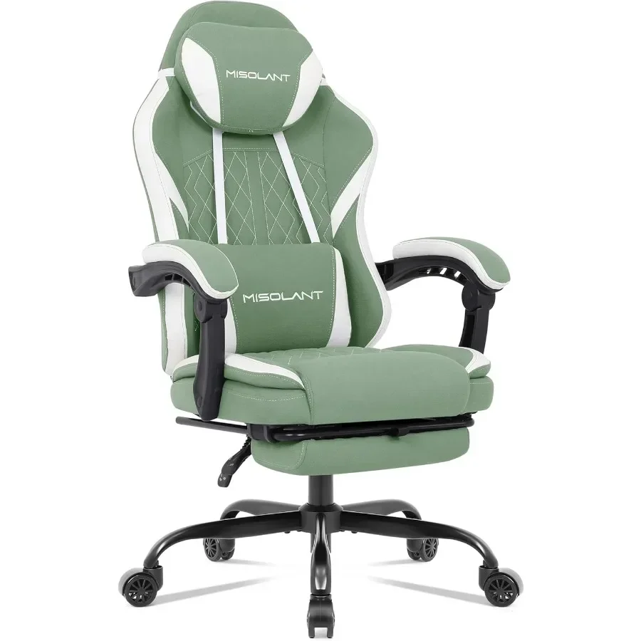 Gaming Chair for Adults, Fabric High Back Ergonomic Computer Game Chair in Green with Footrest, Adjustable Headrest, Massage Lu,Local Shipping