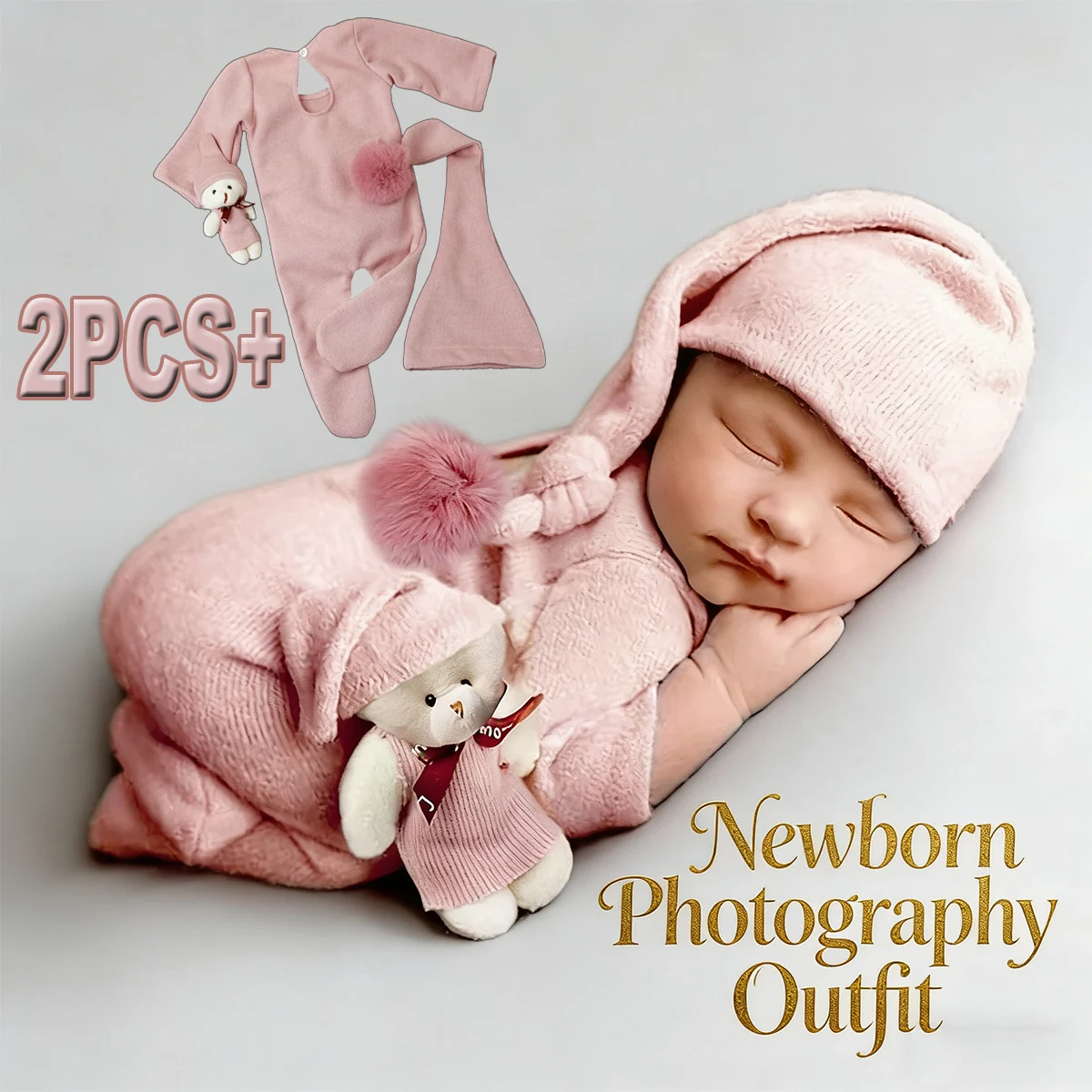 3Pcs Newborn Comfortable Jumpsuit Pom-pom Hat Set with Mini Doll Pink Baby Photography Outfit New Born Girl Photo Props
