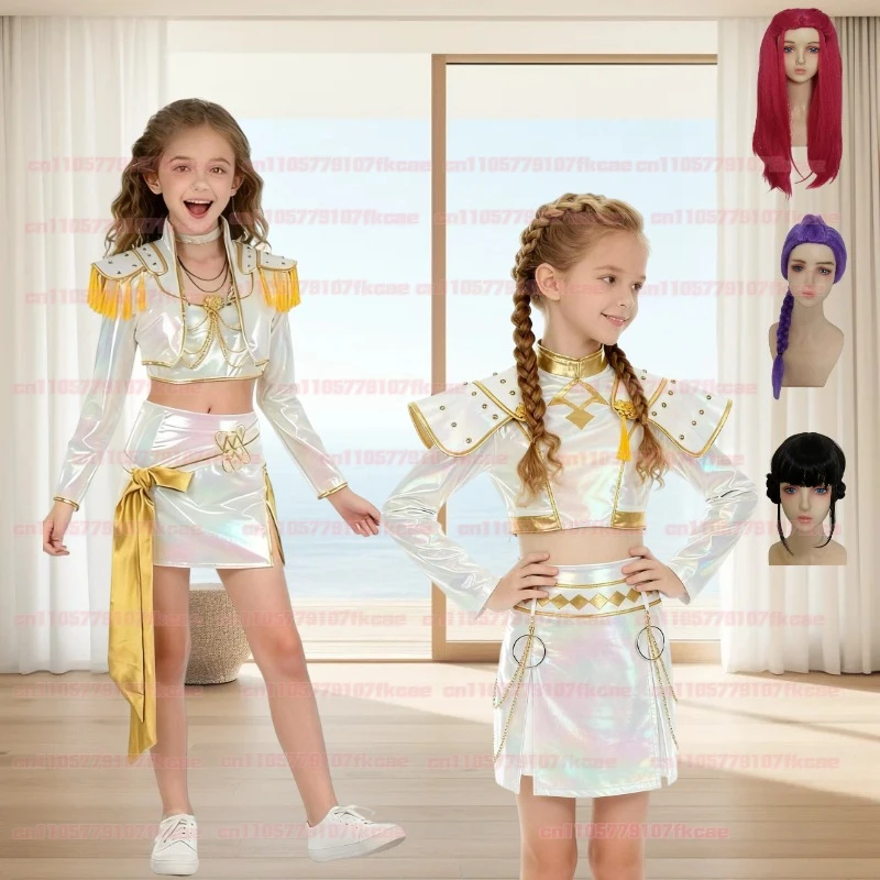 K팝 루미 미라 조이 화이트 싱잉 슈트 여성 소녀 할로윈 파티 롤플레잉 의상 코스프레 의상 가발 성인 여성 소녀용