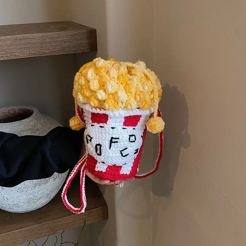 

JIAERDI Cute Popcorn Letter Shoulder Bag Women Hand Knit Unique Crossbody Bag Ladies Korean Lipstick Phone Fashion Cartoon Purse