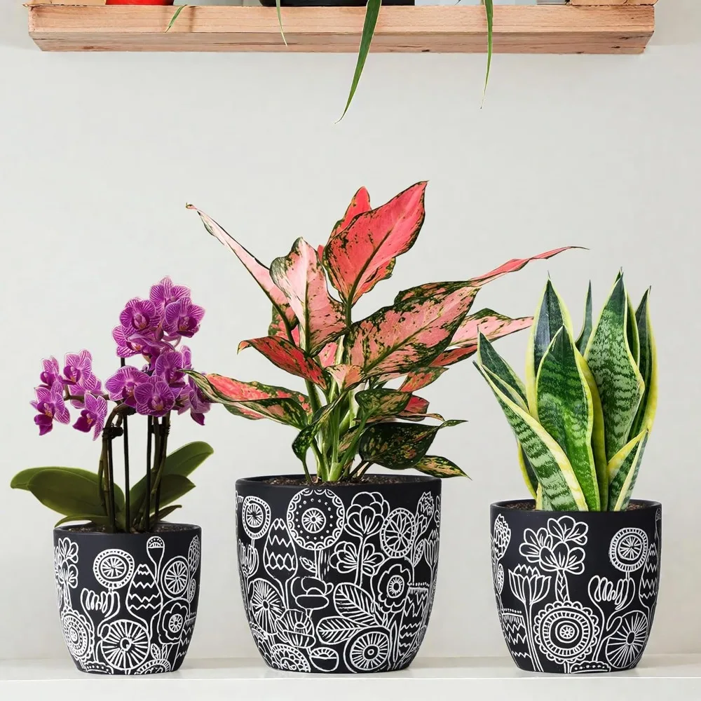 terracotta pots, 6.5+5+4.4 inch plant pots with drainage hole- floral pattern, black boho ceramic planters for indoor plants, fl