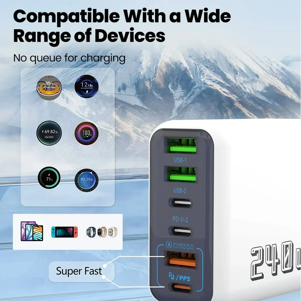 6 In 1 USB C Fast Charging Charger 240W Type C Quick Charge For Samsung Huawei Xiaomi Honor iPhone 17 High Speed Power Adapter