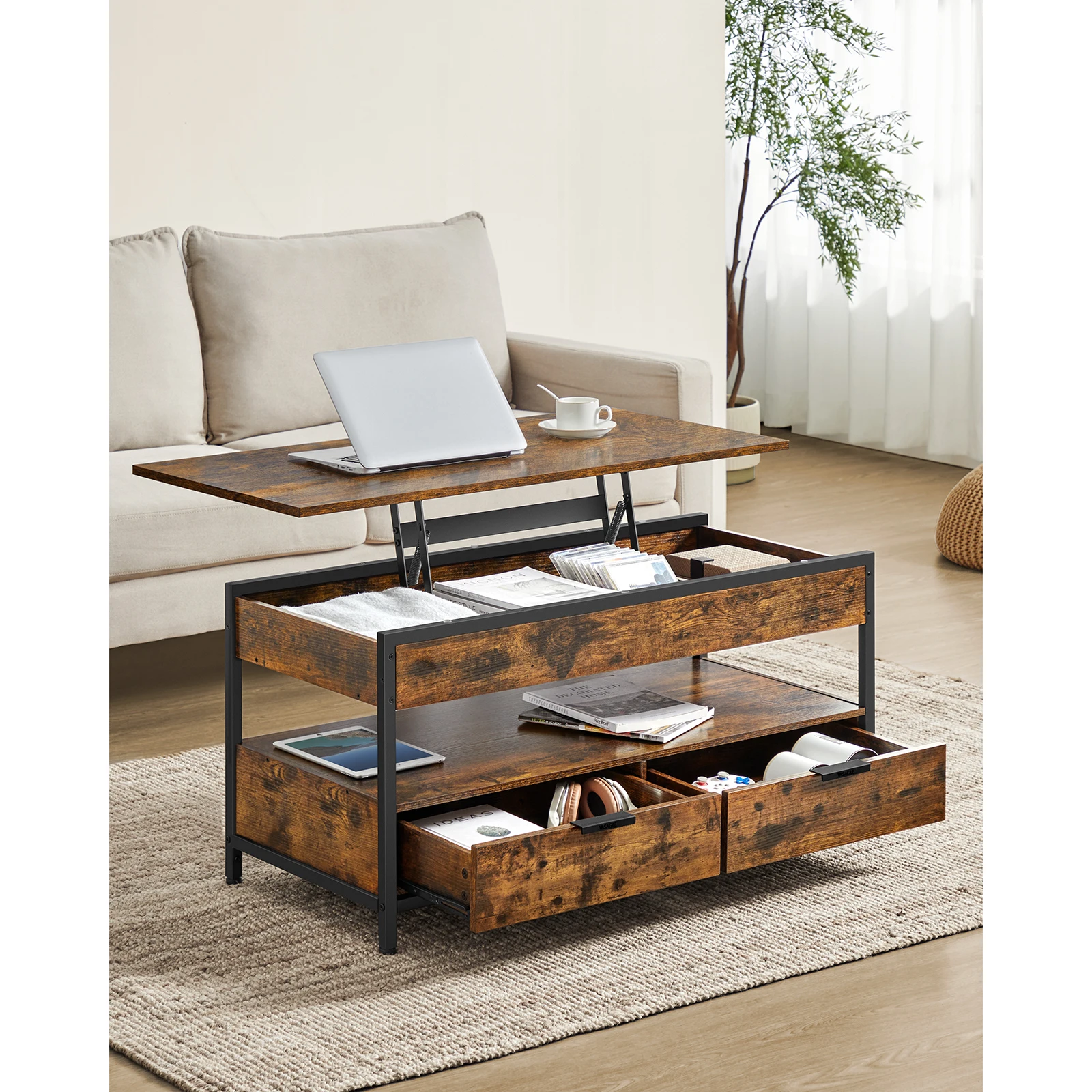 VASAGLE Lift Top Coffee Table, Living Room Table, with Storage Drawers, Hidden Compartments, and Open Shelf