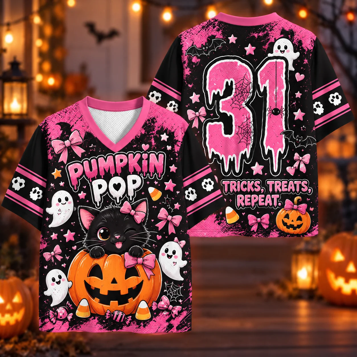Halloween Pumpkin Pop Mesh Jersey, Cute Black Cat Ghost Bow Candy V‑Neck Short Sleeve, Sweet Spooky Oversized Party Streetwear