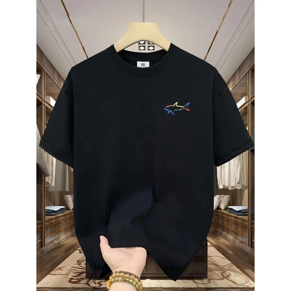 Summer Men Casual T‑Shirt Small Colorful Shark Embroidery On Chest Crew Neck Short Sleeve Daily Wear Men Tees Tops