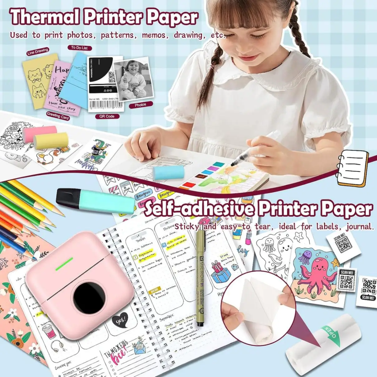 9 Rolls Mini Thermal Printer Paper Thermal Printer Sticker Paper for Sticker Photo Printer and other Mini Pocket Printer