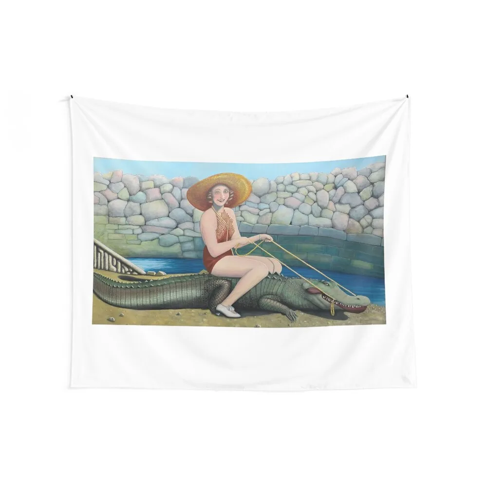 

Girl with an Alligator Vintage Florida Postcard Series Tapestry Hanging Wall Room Decoration Accessories Tapestry