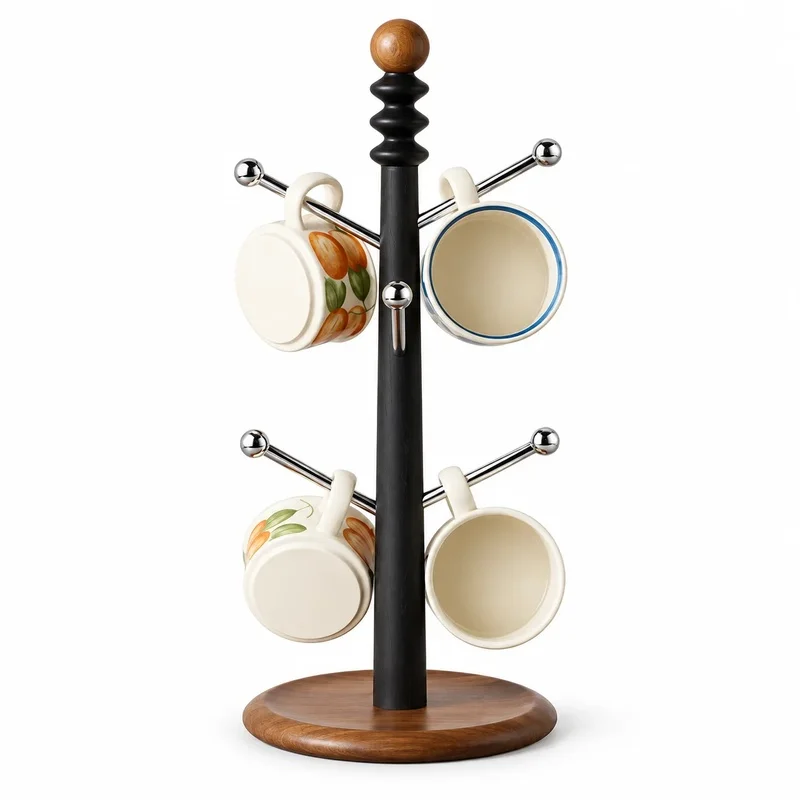 6-Hook Wooden Mug Holder Tree - Coffee Cup Stand with Adjustable Metal Hooks and Non-Slip Base for Countertop Kitchen Storage