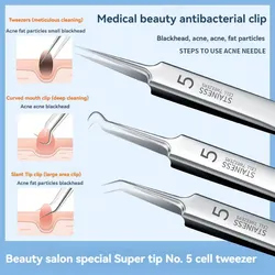 1/7szt Splinter ze stali nierdzewnej Acne Clip Cell Tweezer Blackhead Clip Pimple Pin Salon kosmetyczny Acne Removal Acne Needle Tools