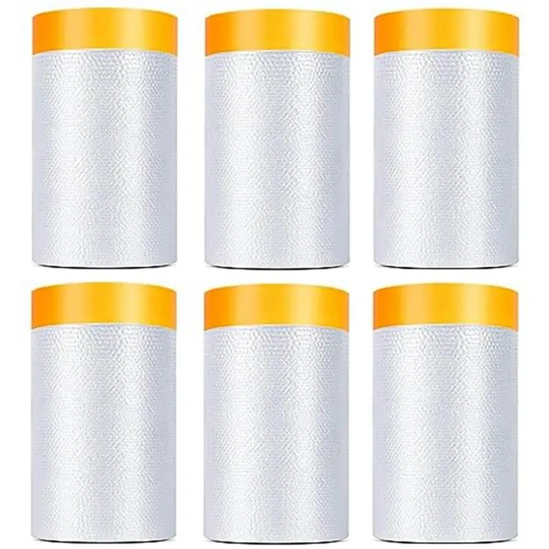 6 Pack Tape And Drape, 1.8X62.3 Ft Pre-Taped Masking Film For Auto Painting Covering, Plastic Pre-Adhesive Film Easy To Use-B51B