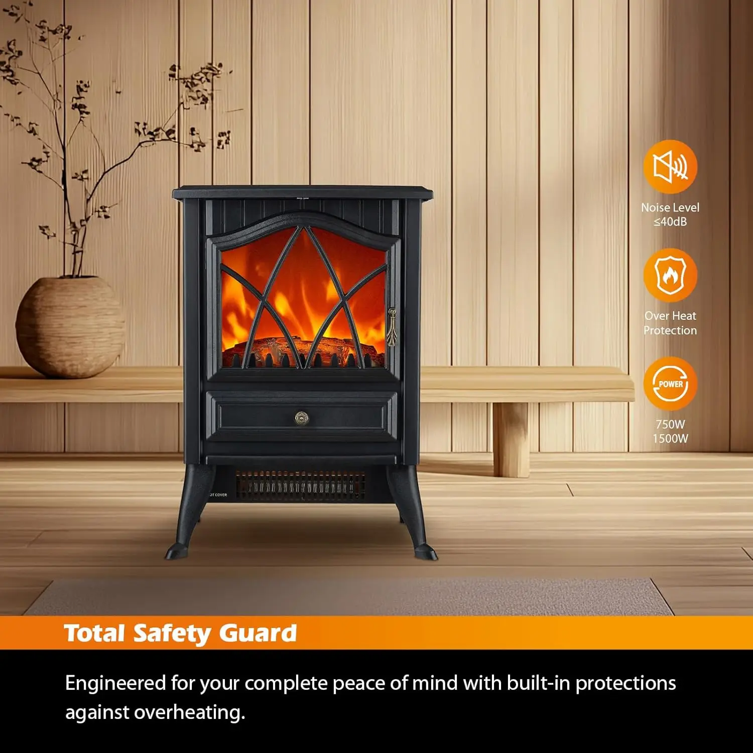 Fogão elétrico autônomo, 1500W com chama LED 3D realista, brilho e termostato ajustáveis, 2 configurações de calor, O