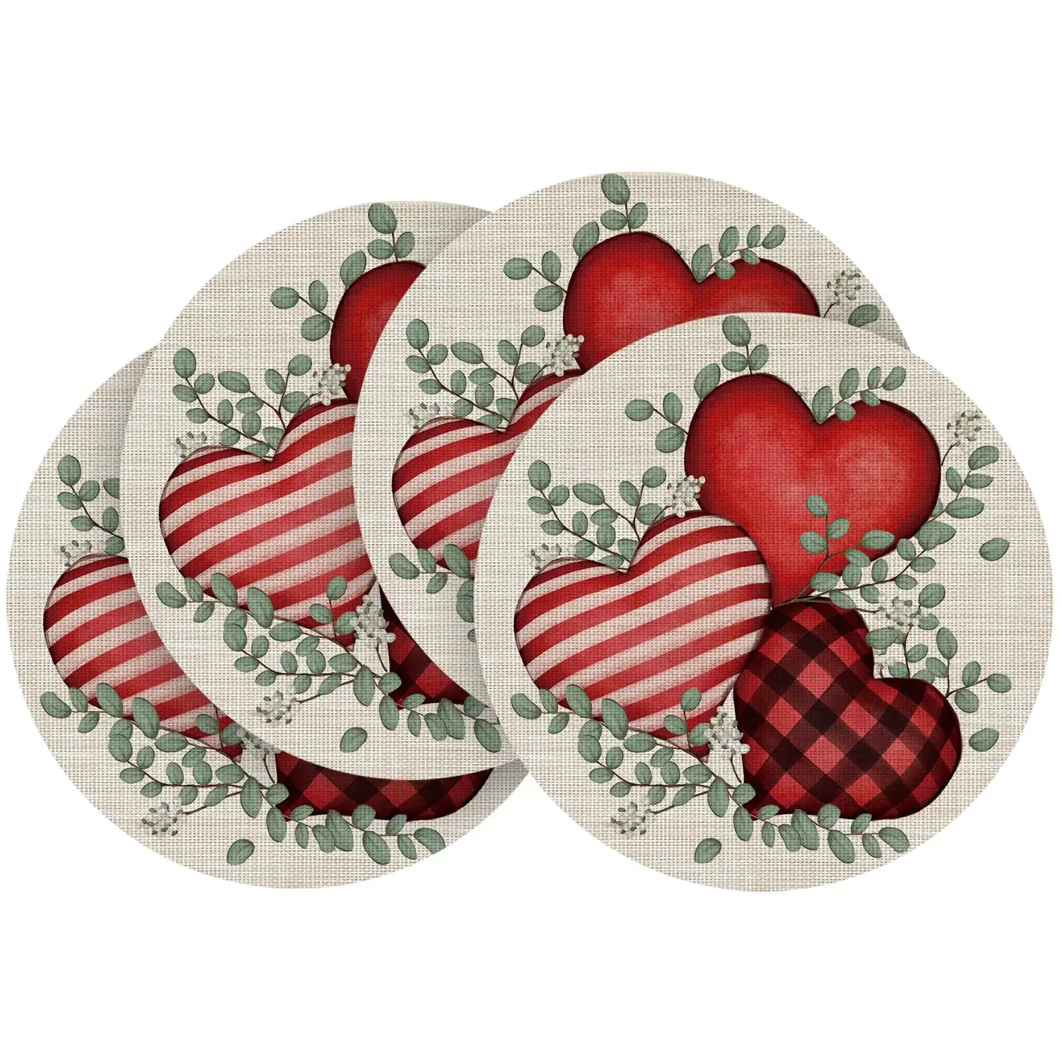 

Waterclor Eucalyptus Hearts Valentine's Day Round Placemats Set of 4, 14 Inch Seasonal Round Table Mats for Dining Decor