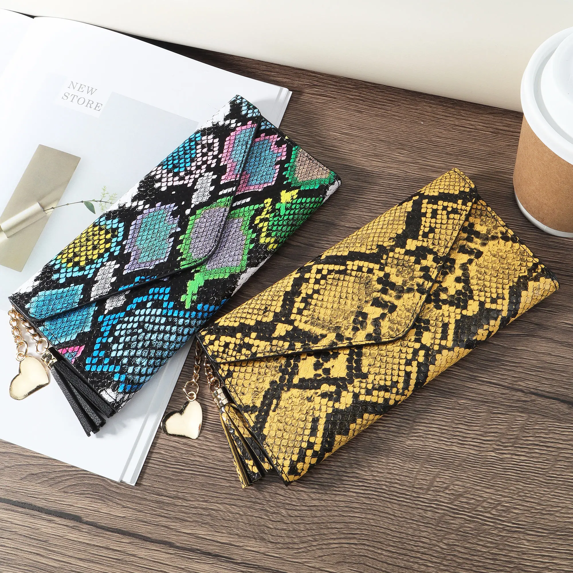 Fashionable women's long wallet, coin wallet, three fold multi card slot tassel decoration multifunctional wallet, elegant PU le