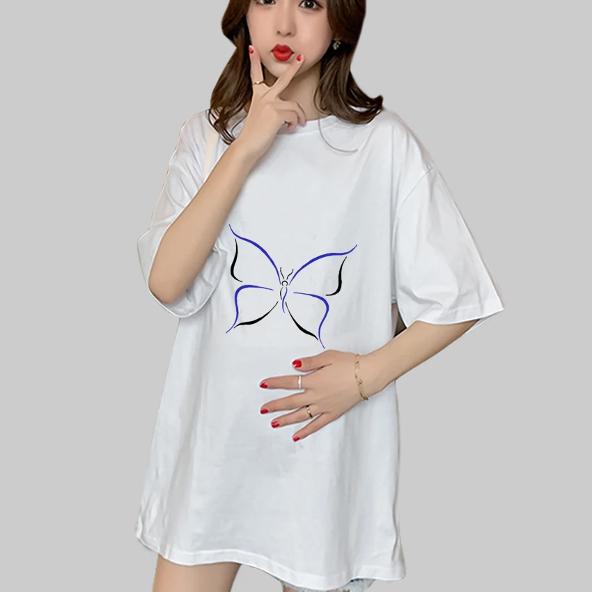 Fashion Butterfly Cartoon Funny Customized Print Pregnant T Shirt Girl Maternity Short Sleeve Pregnancy Tee Mom Clothes Add Your