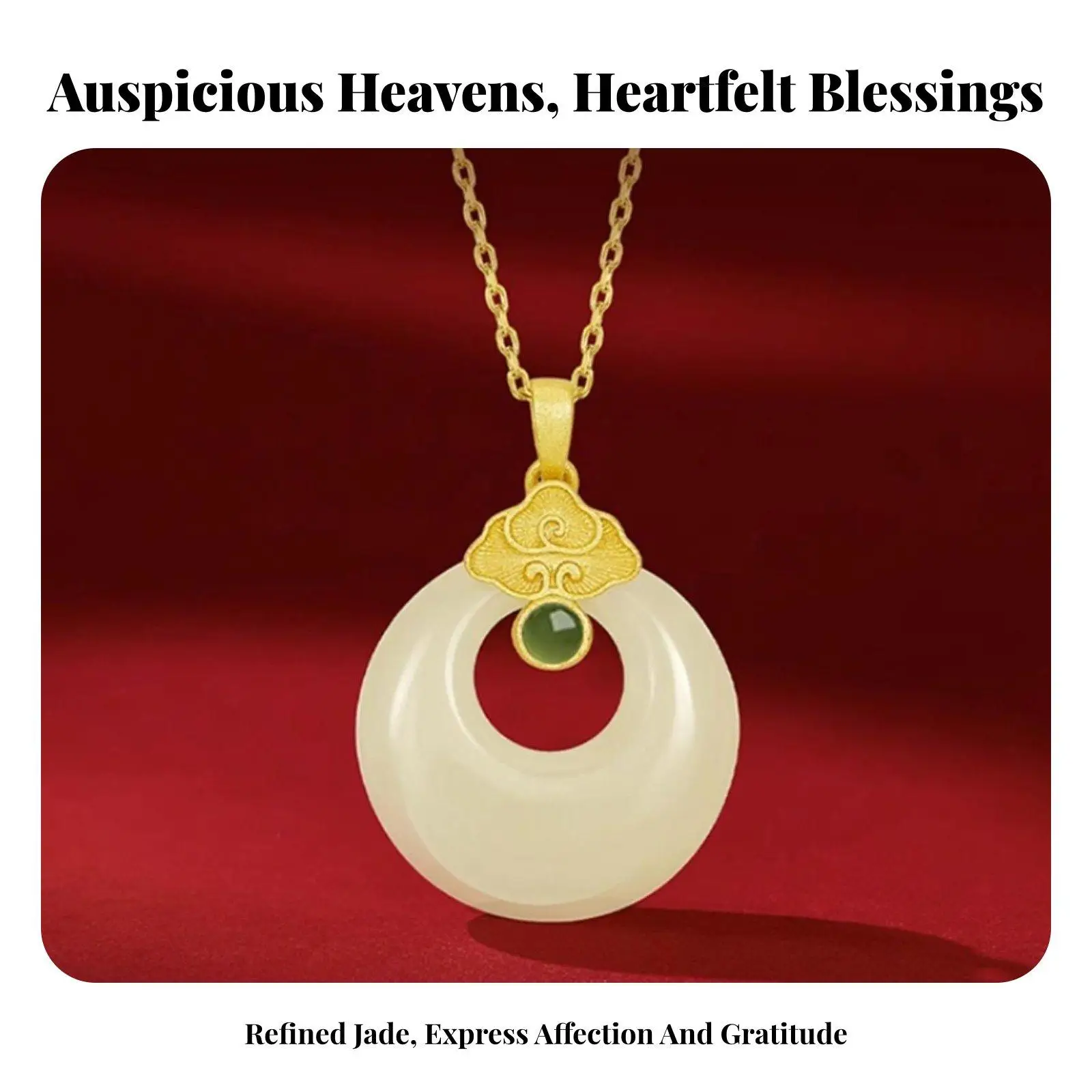 Women Natural Jade Pendant Necklace Chinese Traditional Style Peace Wish Charm Adjustable Gold Copper Chain Anniversary Gift