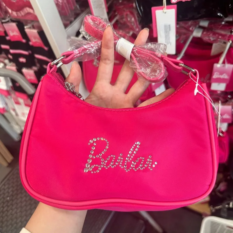 Miniso Barbie Handbag Fashion Underarm Phone Pouch Pink Single Shoulder Bag Girl Zipper Carrying Purse Gift for Good Friends