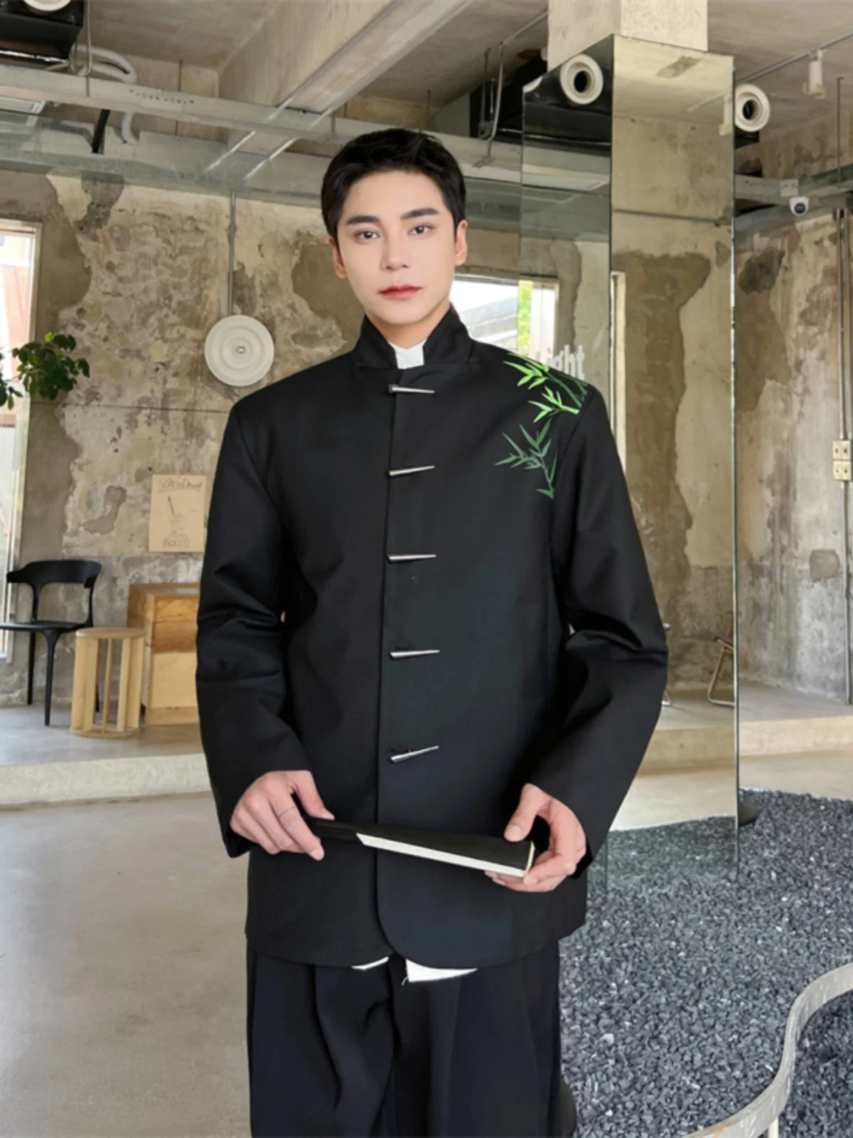 

New Chinese Sle Men's Jaet Stand Collar Casual Bamboo Patterned Button up High-End Feeling Leisure Suit Long Sve