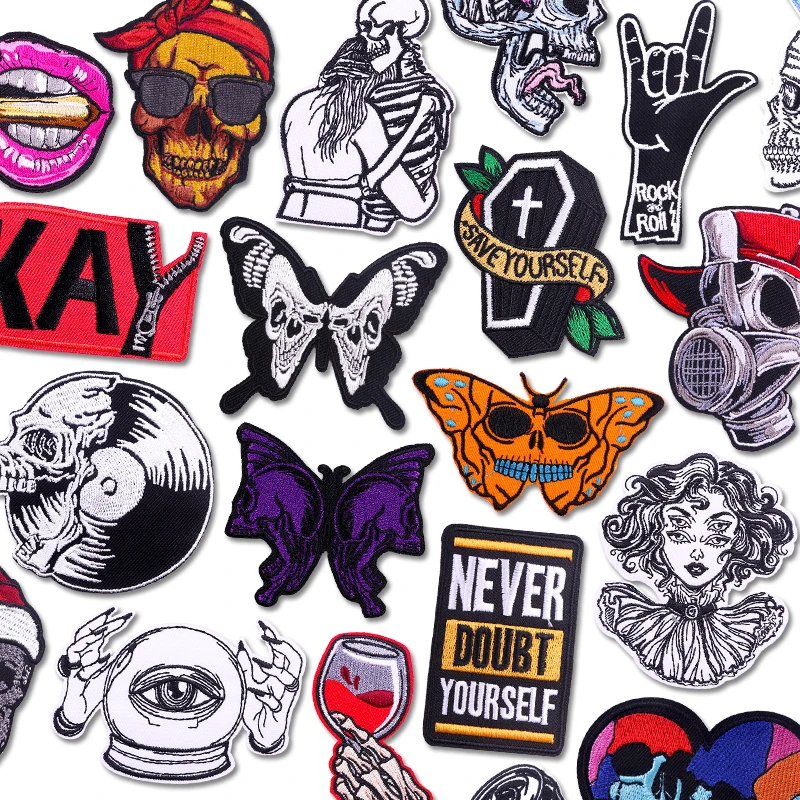 Punk-Schmetterlings-Aufnäher, Horror-Skelett-Stickerei-Aufnäher, Punk-Aufnäher zum Aufbügeln für Kleidung, Jeans, Rucksack-Dekoration