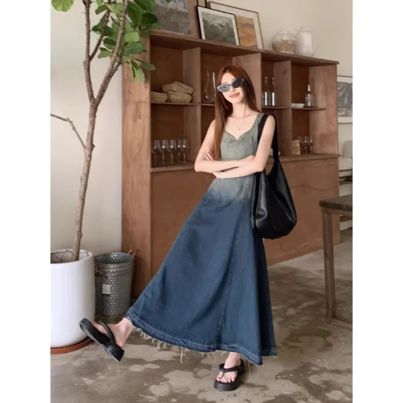 

Gradient Denim Camisole Dress, Women's Summer New Collection, Waist Cinching Long Skirt, French Long Skirt