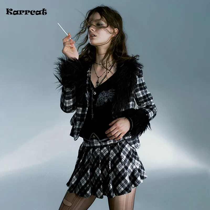 Karrcat Grunge Aesthetics Two Pieces Set Trashy Y2k Fur Women's Suits Vintage Punk Style Knit 2 Piece Outfit Set Skirt Gothic