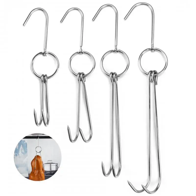 Roast Duck Stainless Steel Double Hook Beef Meat Clasps Poultry Bacon Sausage Hams Hanging Hook Kitchen Cooking BBQ Utensils