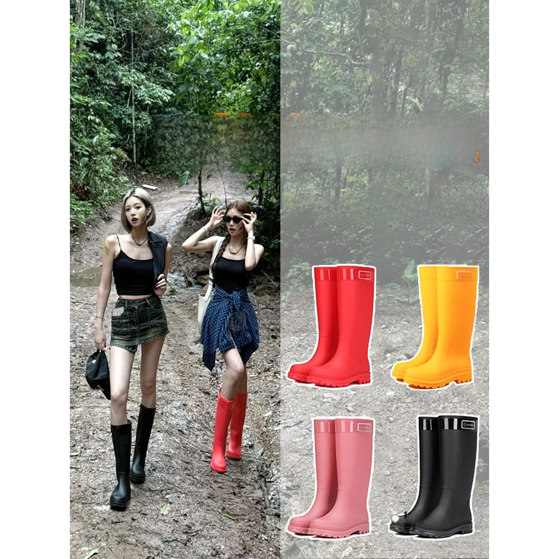 

High-Tube Women's Rain Boots Outdoor Waterproof Slip-Resistant Fashionable Adult Water Shoes Rainforest Hiking Special Use