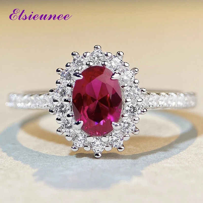 

ELSIEUNEE Vintage 925 Sterling Silver Oval Cut Ruby Sapphire High Carbon Diamond Rings for Women Wedding Engagement Fine Jewelry