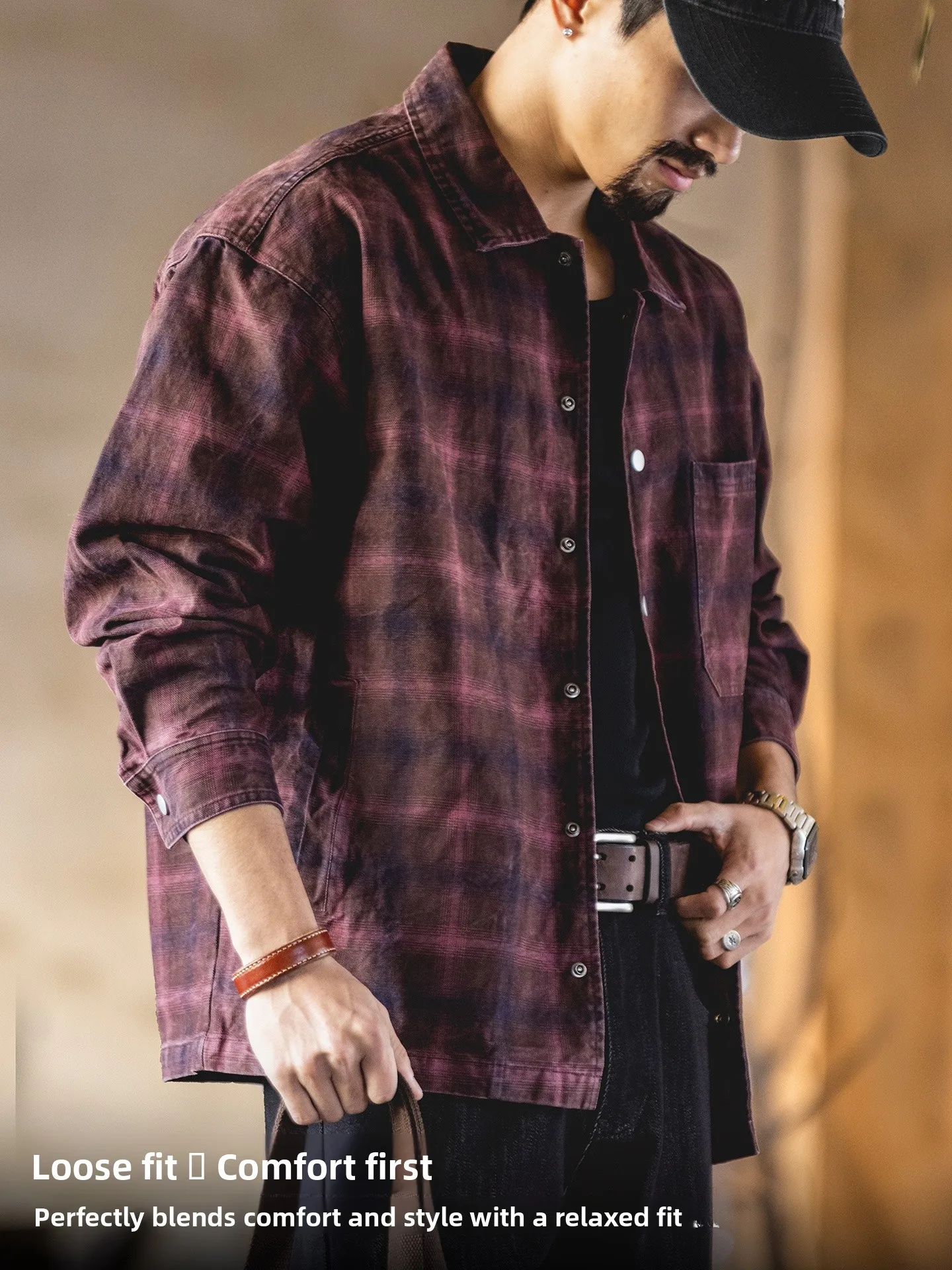 Washed American Red Plaid Long Sleeve Men's Shirt Loose Fit Casual Workwear Spring Autumn New Style Retro Style Cotton 100%