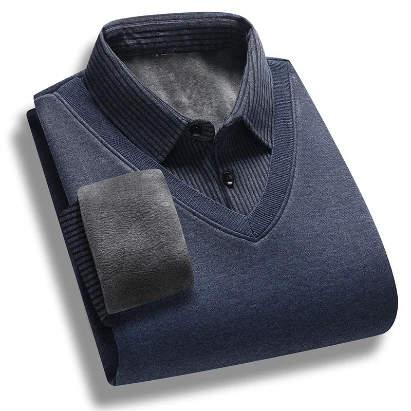 Suéter con Cuello de camisa para hombre, jerseys gruesos y cálidos de lana informal de negocios, moda coreana, suéteres de camisa falsos de dos piezas, Otoño e Invierno