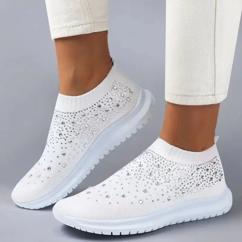 Rimocy Crystal Breathable Mesh Sneaker Shoes for Women Comfortable Soft Bottom Flats Plus Size 43 Non Slip Casual Shoes Woman