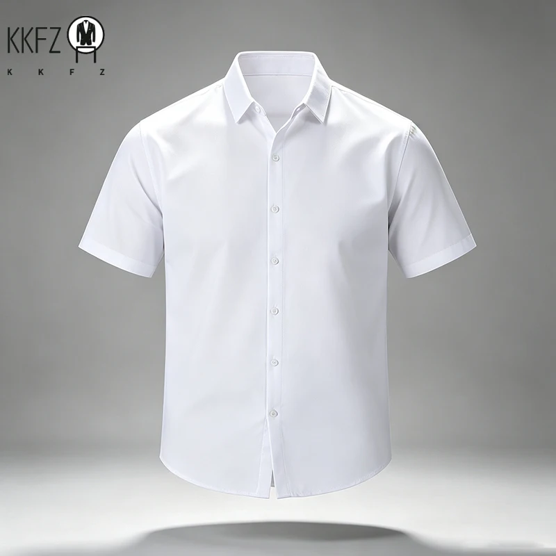 Summer Male Lapel Short Sleeve Dress Shirt Single Breasted Soft Stretch Cloth Outdoor Travel Daily Commute Formal Top