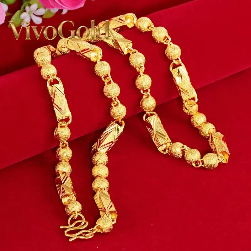 VivoGold999924K real gold cloth pattern hexagonal cylindrical necklace frosted cylindrical national trend necklace semi-solid fo